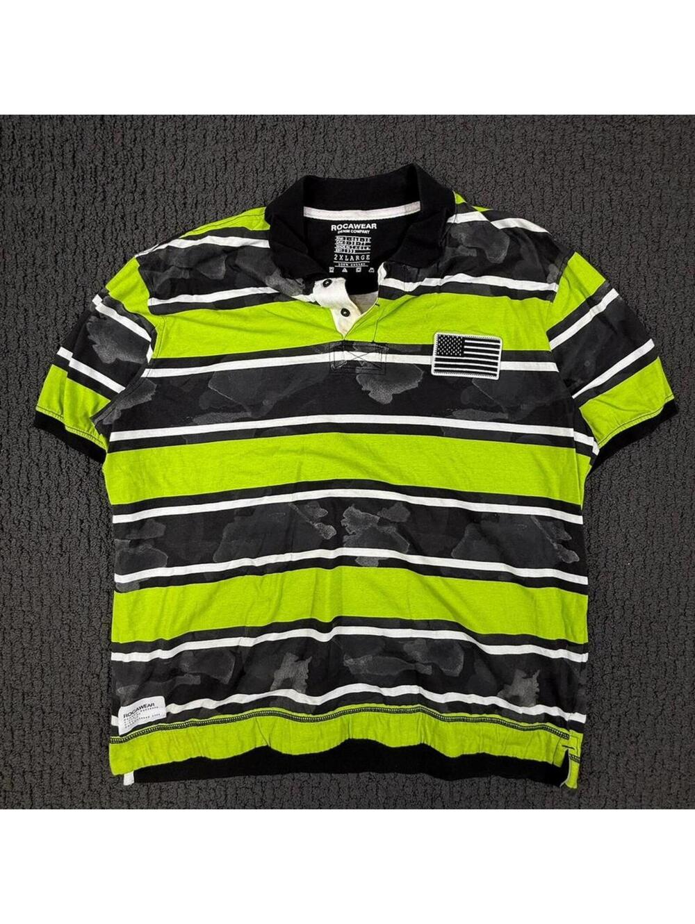 ROCAWEAR Green Black Cotton Striped Summer Polo 2XL
